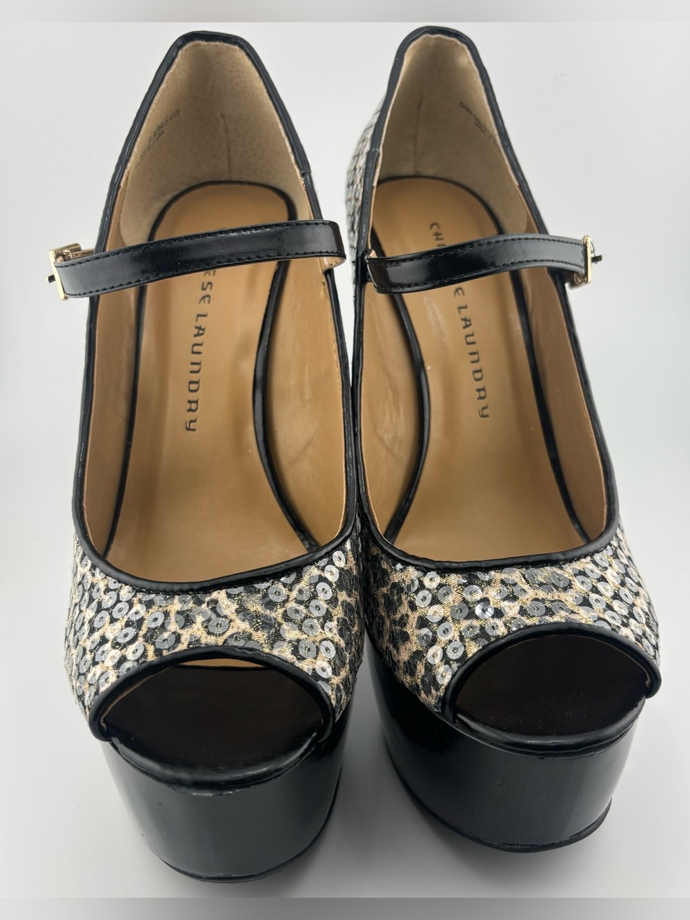 Chinese Laundry China Doll Sequin Leopard Mary Jane Platform Heels Size 8.5